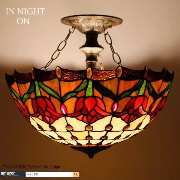 imageWERFACTORY Tiffany Ceiling Light Fixture Red Yellow Tulip Stained Glass Semi Flush Mount Lamp Wide 16 Inch Height 15 Inch Tiffany Ceiling Lamp S030 Series