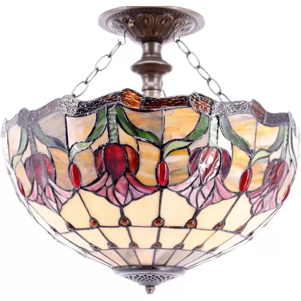 imageWERFACTORY Tiffany Ceiling Light Fixture Red Yellow Tulip Stained Glass Semi Flush Mount Lamp Wide 16 Inch Height 15 Inch Tiffany Ceiling Lamp S030 Series