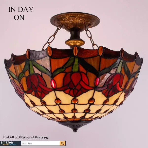 imageWERFACTORY Tiffany Ceiling Light Fixture Red Yellow Tulip Stained Glass Semi Flush Mount Lamp Wide 16 Inch Height 15 Inch Tiffany Ceiling Lamp S030 Series