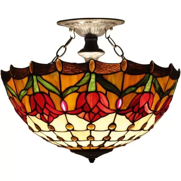 imageWERFACTORY Tiffany Ceiling Light Fixture Red Yellow Tulip Stained Glass Semi Flush Mount Lamp Wide 16 Inch Height 15 Inch Tiffany Ceiling Lamp S030 Series