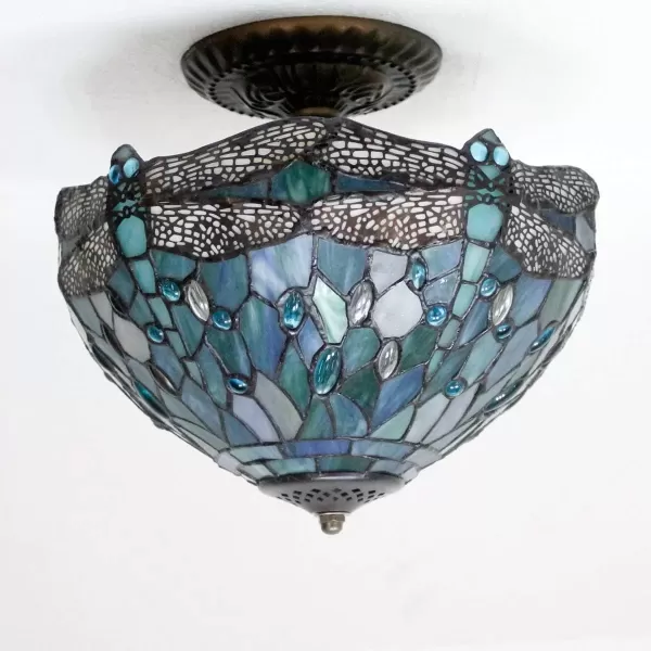 imageWERFACTORY Tiffany Ceiling Light Fixture Sea Blue Stained Glass Dragonfly Semi Flush Mount Lamp Wide 12 Inch Height 11 Inch S147 Series
