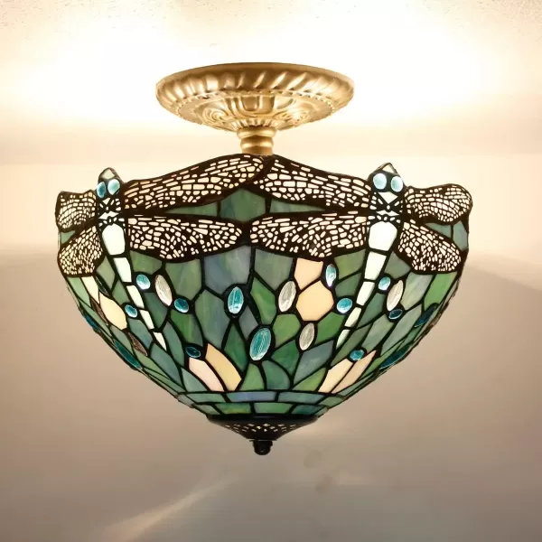 imageWERFACTORY Tiffany Ceiling Light Fixture Sea Blue Stained Glass Dragonfly Semi Flush Mount Lamp Wide 12 Inch Height 11 Inch S147 Series