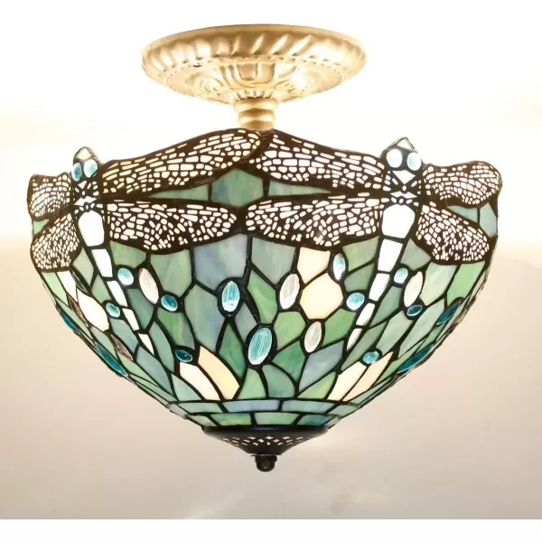 imageWERFACTORY Tiffany Ceiling Light Fixture Sea Blue Stained Glass Dragonfly Semi Flush Mount Lamp Wide 12 Inch Height 11 Inch S147 Series
