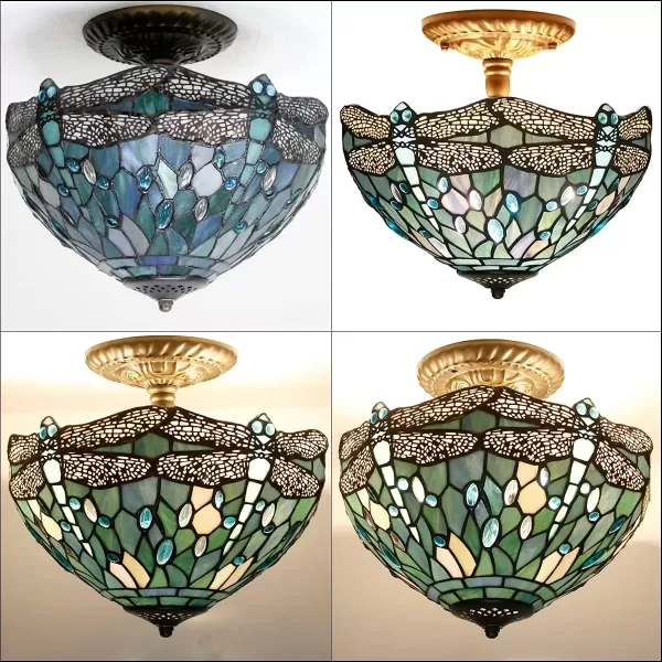 imageWERFACTORY Tiffany Ceiling Light Fixture Sea Blue Stained Glass Dragonfly Semi Flush Mount Lamp Wide 12 Inch Height 11 Inch S147 Series
