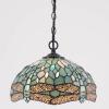 imageWERFACTORY Tiffany Pendant Light Plug in Sea Blue Stained Glass Dragonfly 12 Inch Hanging Lamp S147 Series