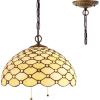 imageWERFACTORY Tiffany Pendant Light Fixture Cream Amber Bead Stained Glass 16 Inch Hanging Lamp Wide 16 Inch Height 40 Inch S005 Series