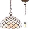 imageWERFACTORY Tiffany Pendant Light Fixture Cream Amber Bead Stained Glass Hanging Lamp Wide 12 Inch Height 32 Inch S005 Series