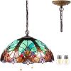 imageWERFACTORY Tiffany Pendant Light Fixture Green Liaison Stained Glass Hanging Lamp Wide 16 Inch Height 40 Inch S160G Series