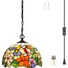 imageWERFACTORY Tiffany Pendant Light Plug in Hummingbird Amber Stained Glass 12 Inch Hanging Lamp S101 Series