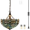imageWERFACTORY Tiffany Pendant Light Plug in Sea Blue Stained Glass Dragonfly 12 Inch Hanging Lamp Decor Island Kitchen Bar Hallway Dining Bedroom Entryway Home Office S147 Series