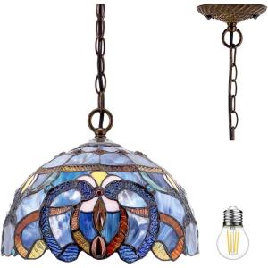 imageWERFACTORY Tiffany Pendant Light Fixture Blue Purple Cloud Stained Glass Hanging Lamp Wide 12 Inch Height 32 Inch S558 Series