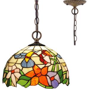 imageWERFACTORY Tiffany Pendant Light Fixture Hummingbird Amber Stained Glass Hanging Lamp Wide 12 Inch Height 32 Inch S101 Series