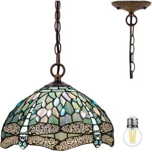 imageWERFACTORY Tiffany Pendant Light Fixture Sea Blue Stained Glass Dragonfly Hanging Lamp Wide 12 Inch Height 32 Inch S147 Series