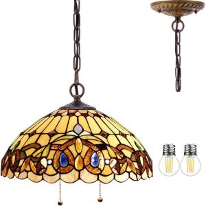 imageWERFACTORY Tiffany Pendant Light Fixture Serenity Victorian Stained Glass Hanging Lamp Wide 16 Inch Height 40 Inch S021 Series