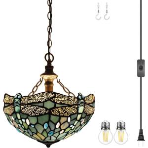 imageWERFACTORY Tiffany Pendant Light Plug in Sea Blue Stained Glass Dragonfly 12 Inch Hanging Lamp Decor Island Kitchen Bar Hallway Dining Bedroom Entryway Home Office S147 Series