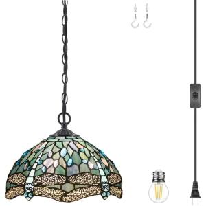 imageWERFACTORY Tiffany Pendant Light Plug in Sea Blue Stained Glass Dragonfly 12 Inch Hanging Lamp S147 Series