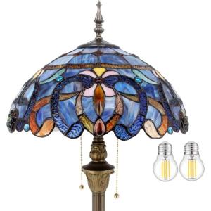 imageWERFACTORY Tiffany Floor Lamp Blue Purple Cloudy Stained Glass Standing Reading Light 16X16X64 Inches Antique Pole Corner Lamp Decor Bedroom Living Room Home Office S558 Series
