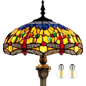 imageWERFACTORY Tiffany Floor Lamp Blue Yellow Dragonfly Stained Glass Standing Reading Light 16X16X64 Inches Antique Pole Corner Lamp Decor Bedroom Living Room Home Office S168 Series