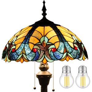 imageWERFACTORY Tiffany Floor Lamp Blue Yellow Liaison Stained Glass Standing Reading Light 16X16X64 Inches Antique Pole Corner Lamp Decor Bedroom Living Room Home Office S160E Series