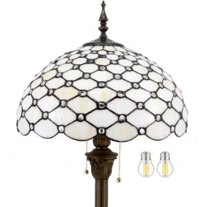 imageWERFACTORY Tiffany Floor Lamp Cream Amber Stained Glass Bead Standing Reading Light 16X16X64 Inches Antique Pole Corner Lamp Decor Bedroom Living Room Home Office S005 Series