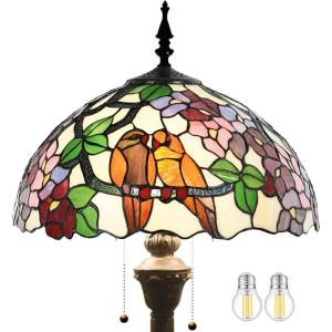 imageWERFACTORY Tiffany Floor Lamp Double Tropical Birds Stained Glass Standing Reading Light 16X16X64 Inches Antique Pole Corner Lamp Decor Bedroom Living Room Home Office S803 Series