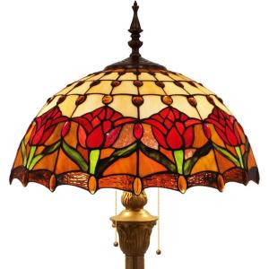 imageWERFACTORY Tiffany Floor Lamp Red Amber Tulip Flower Stained Glass Standing Reading Light 16X16X64 Inches Antique Pole Corner Lamp Decor Bedroom Living Room Home Office S030 Series