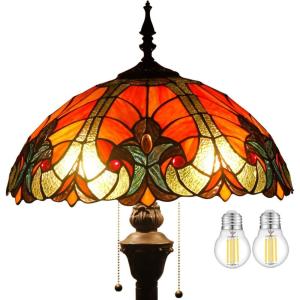 imageWERFACTORY Tiffany Floor Lamp Red Brown Liaison Stained Glass Standing Reading Light 16X16X64 Inches Antique Pole Corner Lamp Decor Bedroom Living Room Home Office S160R Series