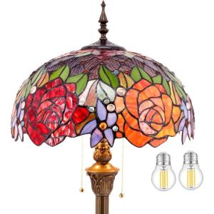 imageWERFACTORY Tiffany Floor Lamp Red Yellow Rose Stained Glass Standing Reading Light 16X16X64 Inches Antique Pole Corner Lamp Decor Bedroom Living Room Home Office S001 Series