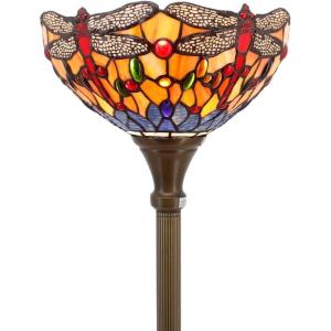 imageWERFACTORY Tiffany Floor Lamp Orange Blue Stained Glass Dragonfly Light 12X12X66 Inches Torchiere Standing Corner Torch Uplight Decor Bedroom Living Room Home Office S168 Series