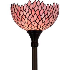 imageWERFACTORY Tiffany Floor Lamp Pink Stained Glass Wisteria Light 12X12X66 Inches Pole Torchiere Standing Corner Torch Uplight Decor Bedroom Living Room Home Office S523P Series