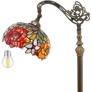 imageWERFACTORY Tiffany Floor Lamp Red Rose Flower Stained Glass Arched Lamp 10X18X64 Inches Gooseneck Adjustable Corner Standing Reading Light Decor Bedroom Living Room S001 Series