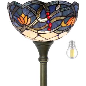imageWERFACTORY Tiffany Floor Lamp Blue Lotus Flower Stained Glass Light 12X12X66 Inches Pole Torchiere Standing Corner Torch Uplight Decor Bedroom Living Room Home Office S220 Series