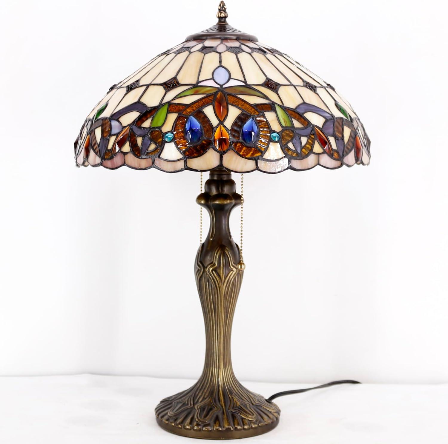 imageWERFACTORY Tiffany Style Table Lamp Colorful Stained Glass Serenity Victorian Bedside Lamp16X16X24 Inches Desk Light Metal Base Decor Bedroom Living Room Home Office S021 Series