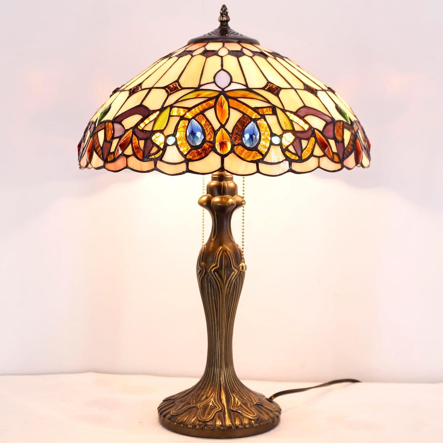 imageWERFACTORY Tiffany Style Table Lamp Colorful Stained Glass Serenity Victorian Bedside Lamp16X16X24 Inches Desk Light Metal Base Decor Bedroom Living Room Home Office S021 Series