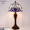 imageWERFACTORY Tiffany Lamp White Navy Blue Baroque Stained Glass Bedside Table Lamp Desk Reading Light 12X12X22 Inches Decor Bedroom Living Room Home Office S003B Series