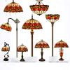 imageWERFACTORY Tiffany Table Lamp Red Stained Glass Tulip Lamp 16X16X24 Inches Desk Reading Light Metal Base Decor Bedroom Living Room Home Office S030 Series