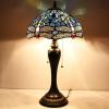 imageWERFACTORY Tiffany Table Lamp Sea Blue Stained Glass Dragonfly Style Bedside Lamp Desk Reading Light 12X12X22 Inches Decor Bedroom Living Room Home Office S631 Series