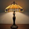 imageWERFACTORY Tiffany Table Lamp Yellow Hexagon Stained Glass Bedside Lamp Mission 16X16X24 Inches Desk Reading Light Metal Base Decor Bedroom Living Room Home Office S011 Series