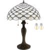 imageWERFACTORY Tiffany Table Lamp Stained Glass Bedside Lamp 16X16X24 Inches Cream Pearl Bead Desk Reading Light Metal Base Decor Bedroom Living Room Home Office S005 Series