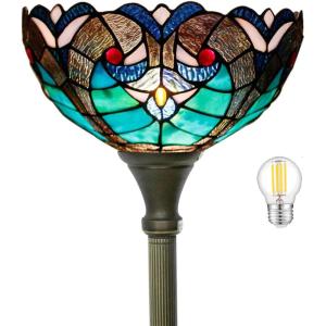 imageWERFACTORY Tiffany Floor Lamp Green Liaison Stained Glass Light 12X12X66 Inches Pole Torchiere Standing Corner Torch Uplight Decor Bedroom Living Room Home Office S160G Series
