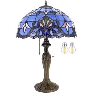imageWERFACTORY Tiffany Lamp Blue Purple Stained Glass Baroque Table Lamp Lavender Style Bedside Desk Light Metal Base 16X16X24 Inches Decor Bedroom Living Room Home Office S003C Series 24 Inch
