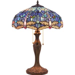 imageWERFACTORY Tiffany Lamp Blue Stained Glass Dragonfly Style Bedside Table Lamp 16X16X24 Inch Desk Reading Light Metal Base Decor Bedroom Living Room Home Office S631 Series