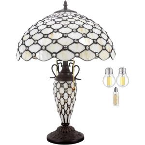 imageWERFACTORY Tiffany Lamp Cream Stained Glass Crystal Pear Bead MatherDaughter Vase Table Lamp 16X16X24 Inches Desk Reading Light Decor Bedroom Living Room Home Office S005 Series