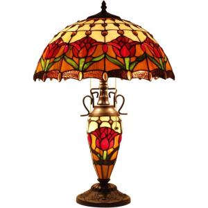 imageWERFACTORY Tiffany Lamp Red Stained Glass Tulip Flower MatherDaughter Vase Table Lamp 16X16X24 Inch Antique Desk Reading Light Decor Bedroom Living Room Home Office S030 Series