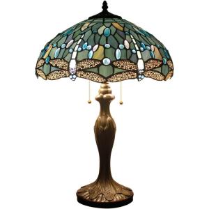 imageWERFACTORY Tiffany Lamp Sea Blue Stained Glass Bedside Table Lamp Dragonfly Style Desk Reading Light Metal Base 16X16X24 Inches Decor Bedroom Living Room Home Office S147 Series
