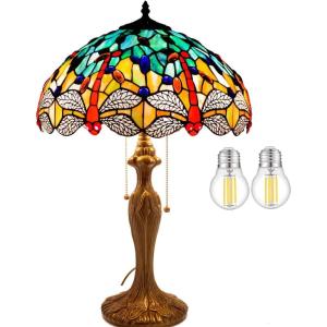 imageWERFACTORY Tiffany Lamp Stained Glass Bedside Table Lamp Navy Blue Yellow Turquoise Dragonfly 16X16X24 Inch Desk Light Metal Base Decor Bedroom Living Room Home Office S128 Series
