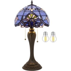 imageWERFACTORY Tiffany Lamp Stained Glass Table Bedside Lamp 12X12X22 Inches Blue Purple Baroque Style Lavender Reading Desk Light Decor Bedroom Living Room Home Office S003C Series