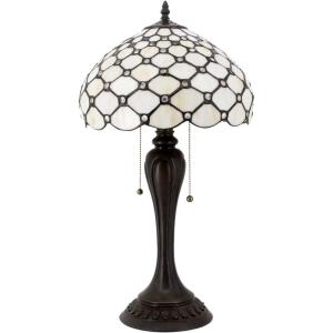 imageWERFACTORY Tiffany Lamp Stained Glass Table Lamp Cream Pearl Bead Style Desk Reading Light 12X12X22 Inches Decor Bedroom Living Room Home Office S005 Series