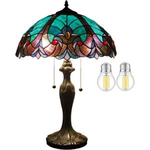 imageWERFACTORY Tiffany Style Lamp Green Liaison Stained Glass Bedside Table Lamp 16X16X24 Inches Desk Light Metal Base Decor Bedroom Living Room Home Office S160G Series Teal Purple