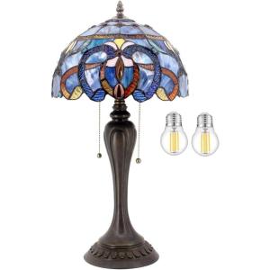 imageWERFACTORY Tiffany Style Table Lamp Blue Purple Cloud Stained Glass Bedside Desk Reading Light 12X12X22 Inches Decor Bedroom Living Room Home Office S558 Series
